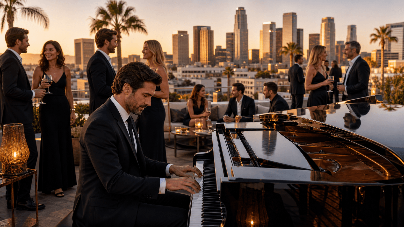 Pianist in a black suit plays a grand piano on a sunset-lit Los Angeles rooftop with cocktail guests.
