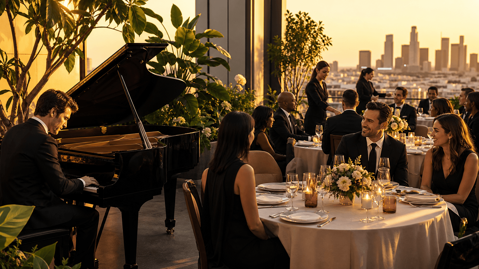Elegant corporate dinner table with candlelight, gold accents, and a grand piano in a softly lit ballroom.