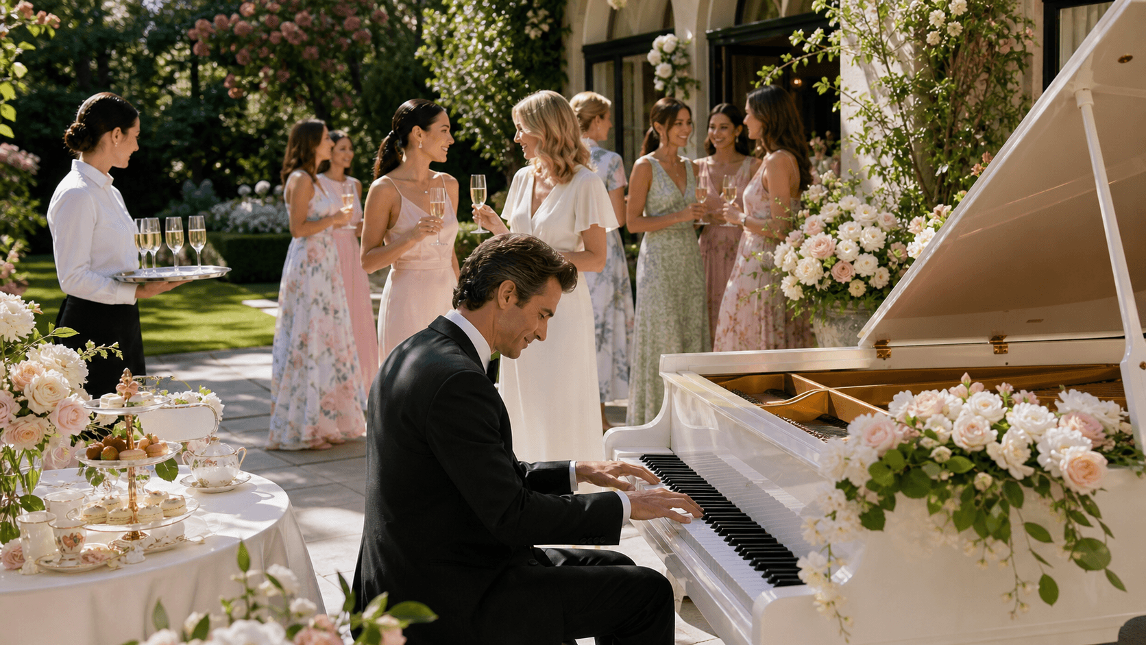 Elegant bridal shower table beside a white grand piano, with pink flowers and warm natural light.