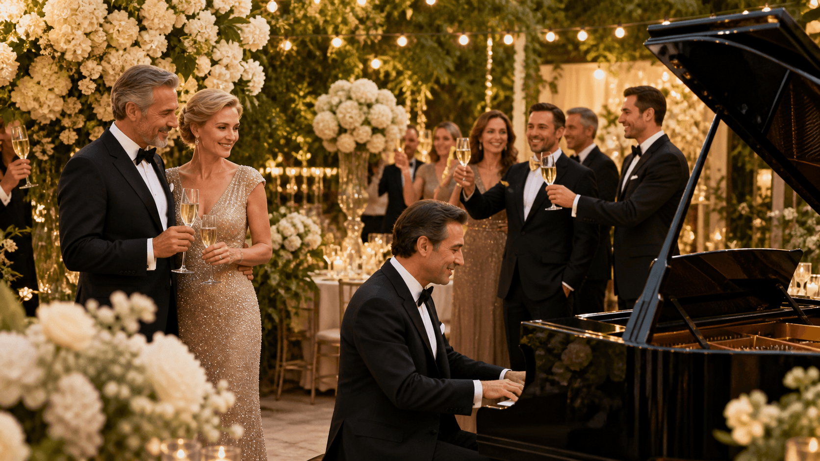 Elegant grand piano beside candlelit tables with gold balloons and warm fairy lights in a festive ballroom.