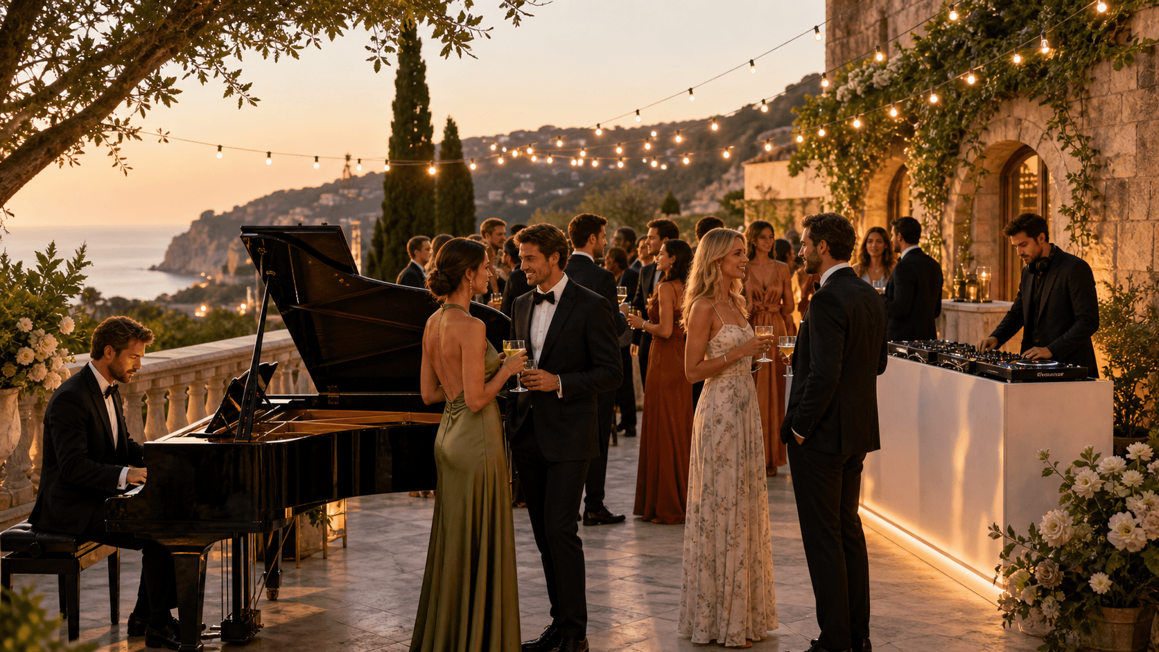 Elegant wedding cocktail hour with a pianist at a white grand piano and a DJ booth glowing in warm lights