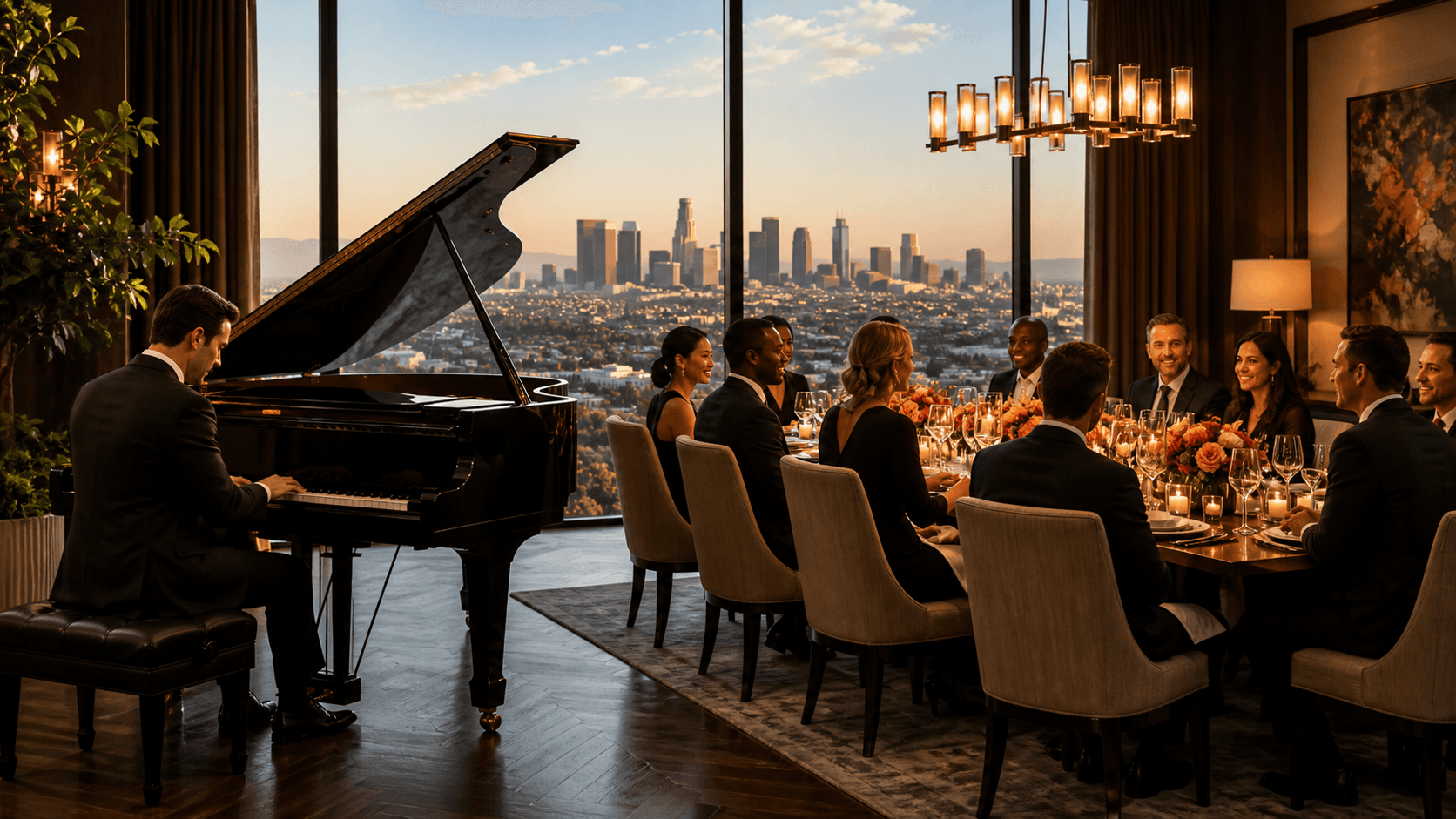 A pianist plays a black grand piano beside candlelit tables in an elegant Los Angeles dining room.