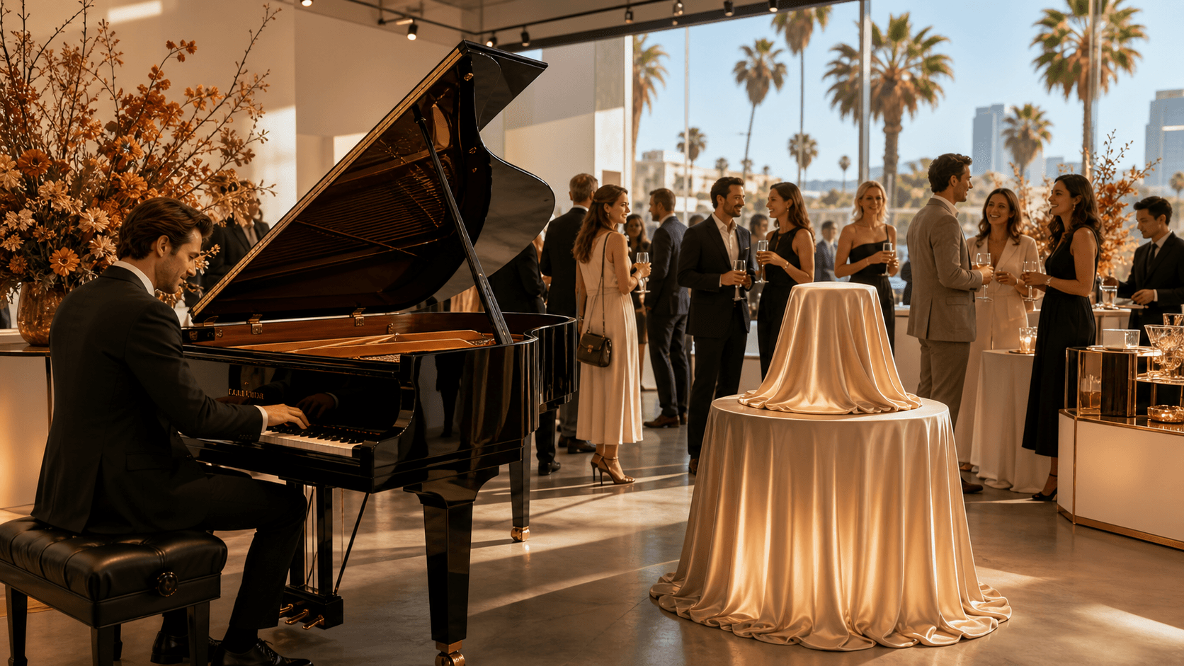 Modern product launch event with glowing stage lights, guests mingling, and a large illuminated display.