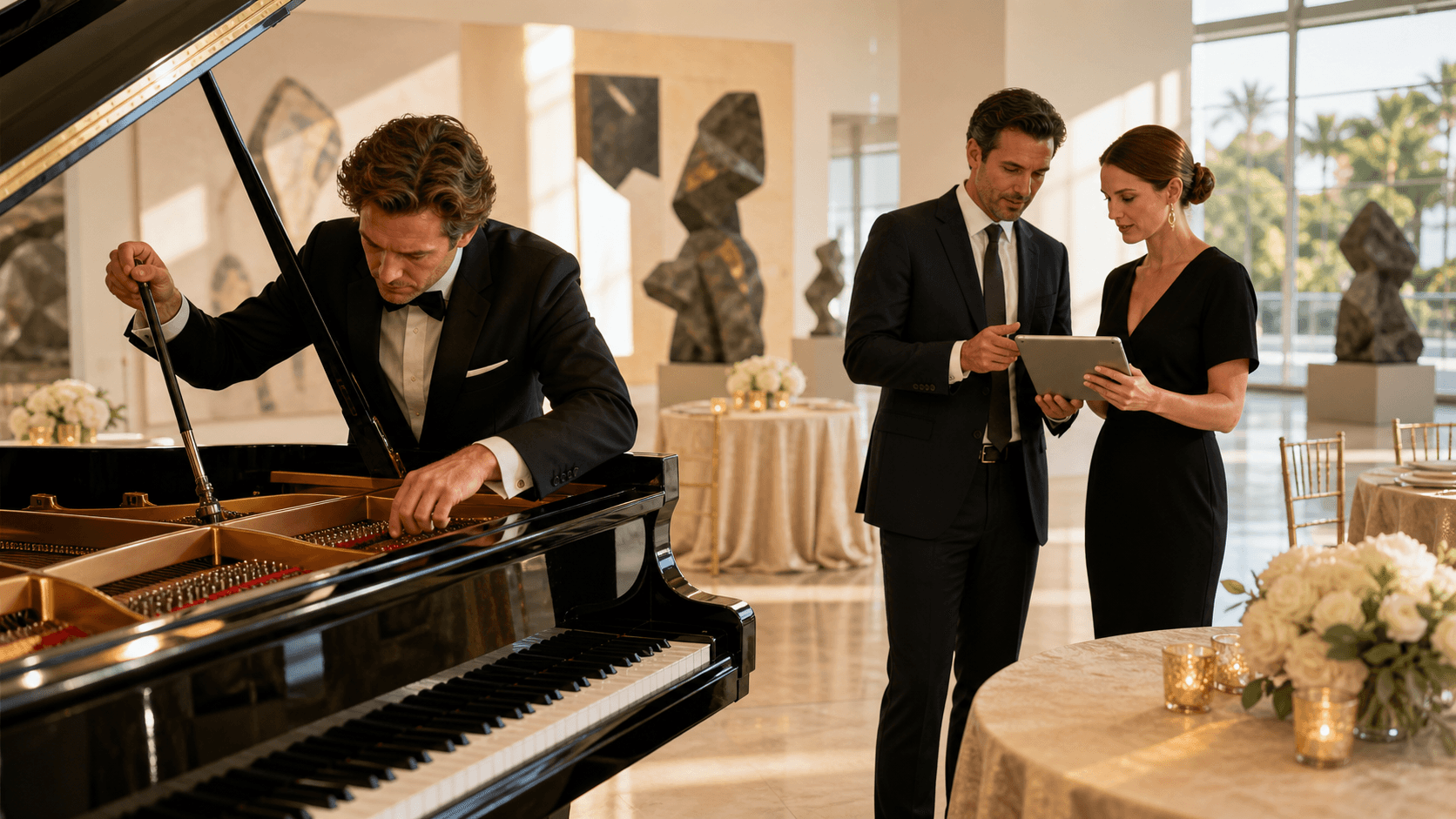 Elegant grand piano on a museum stage, lit by warm spotlights amid contemporary artwork and seated guests.