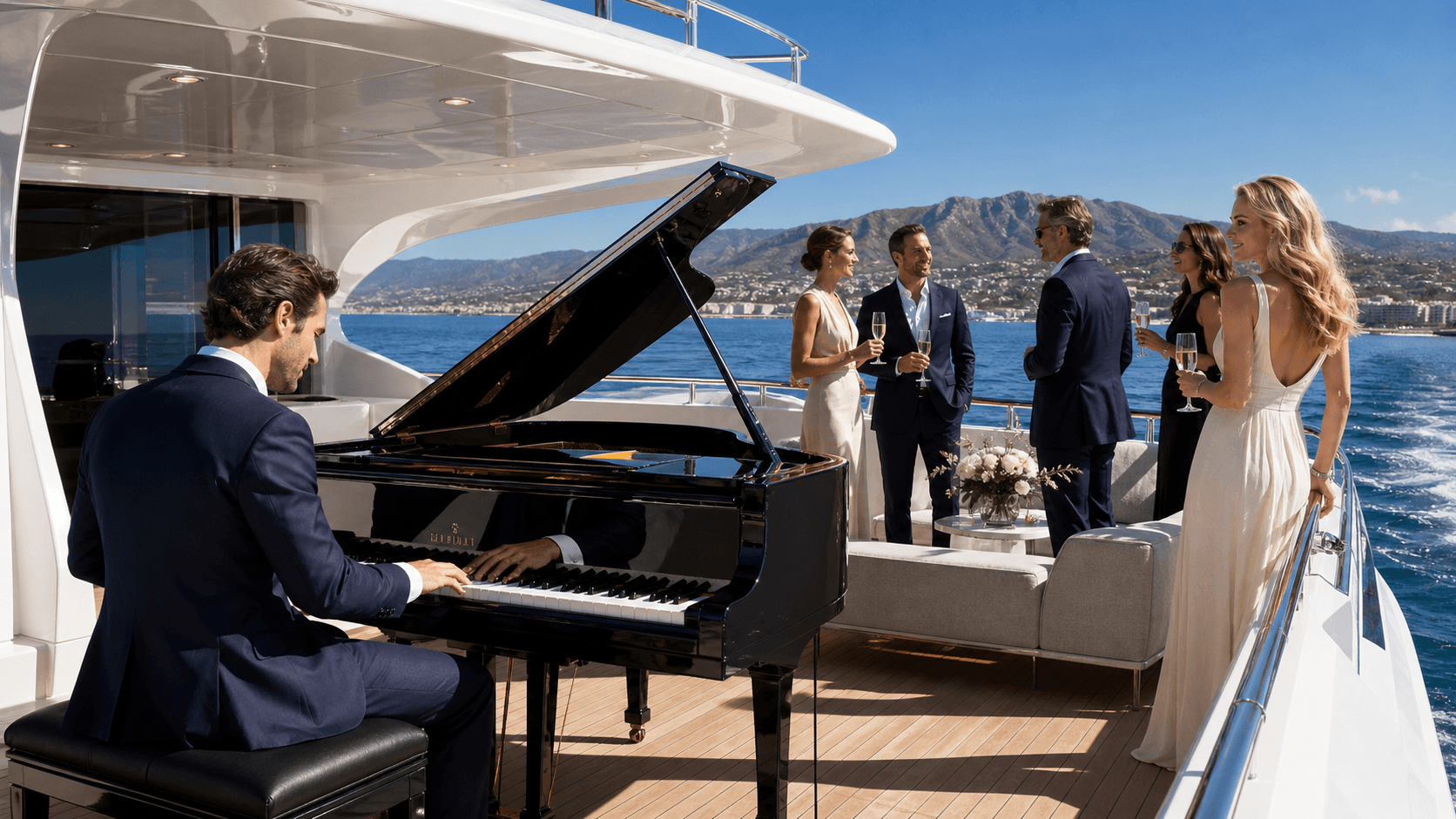 Grand piano on a luxury yacht deck at sunset, with Los Angeles skyline glowing across the water.