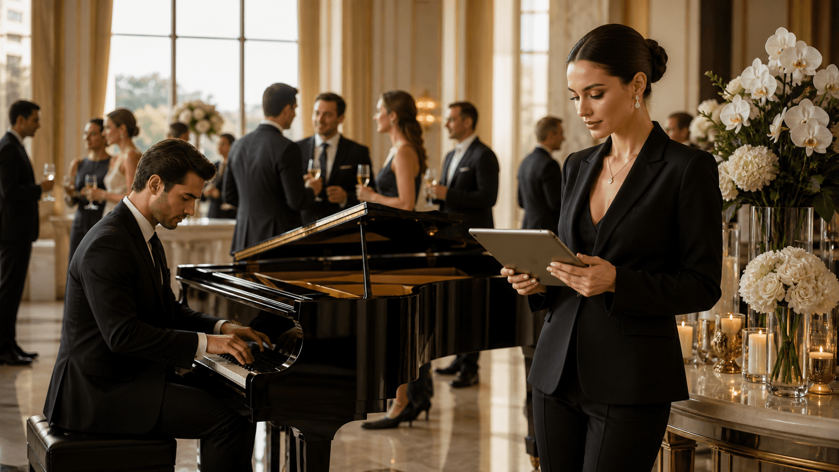 Elegant grand piano with sheet music in a warmly lit luxury ballroom set for an evening event.
