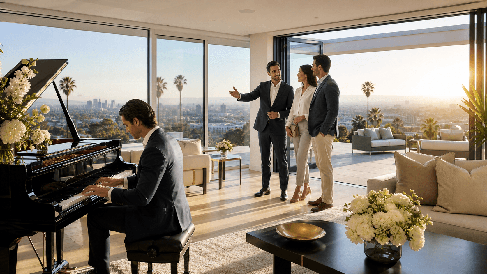 Grand piano in a sunlit modern living room with floor-to-ceiling windows and warm neutral furnishings.