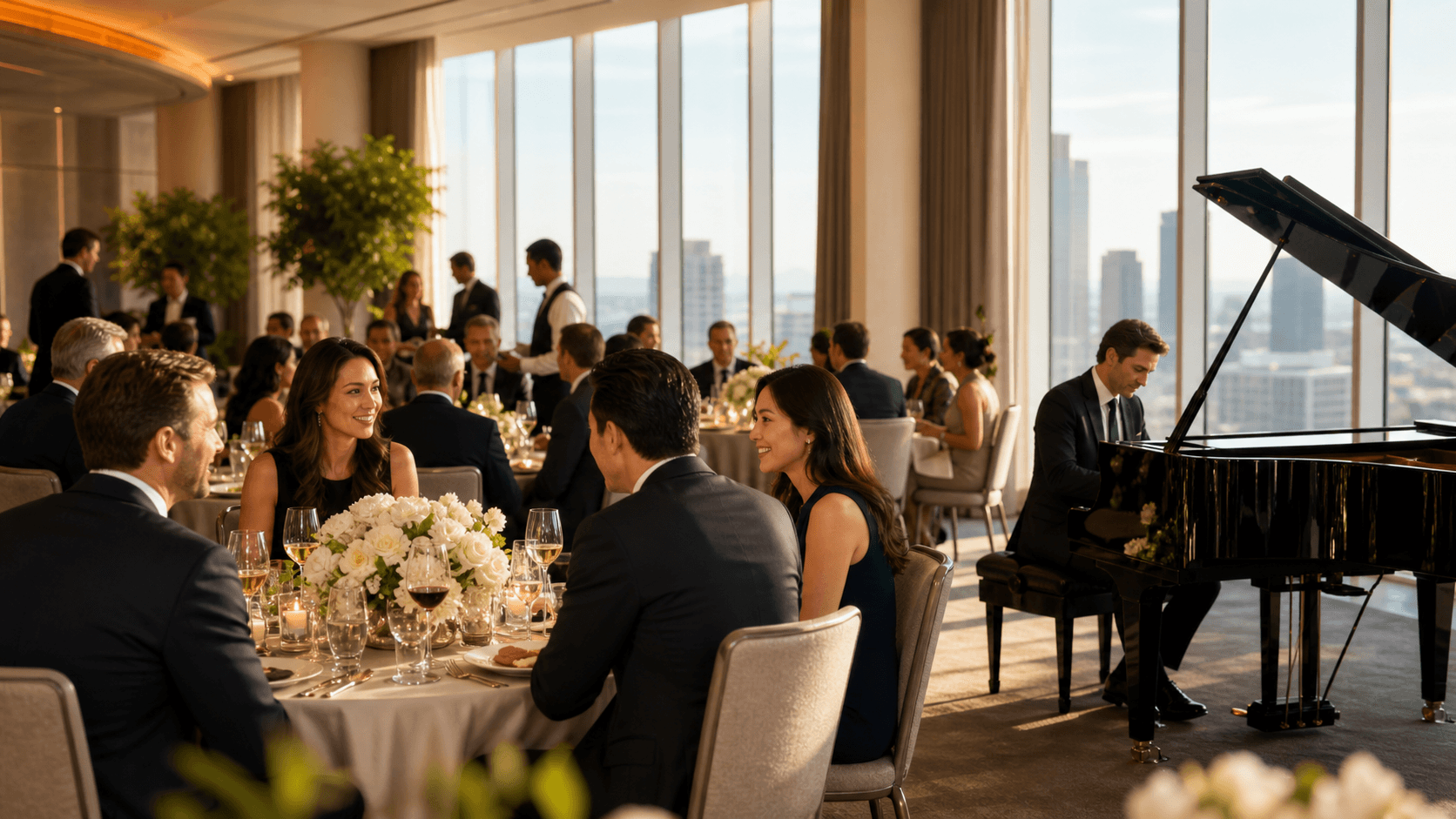 Elegant black grand piano beside candlelit tables in a warmly lit corporate dining room.