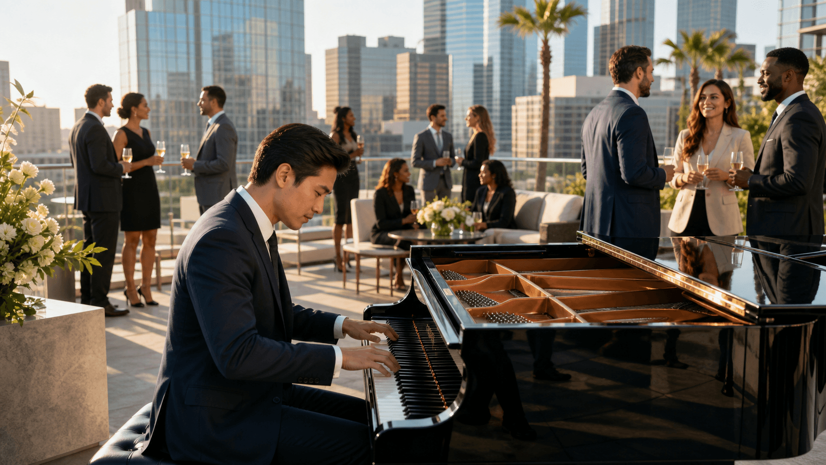 Elegant grand piano on a softly lit Los Angeles rooftop, with city skyline glowing at dusk