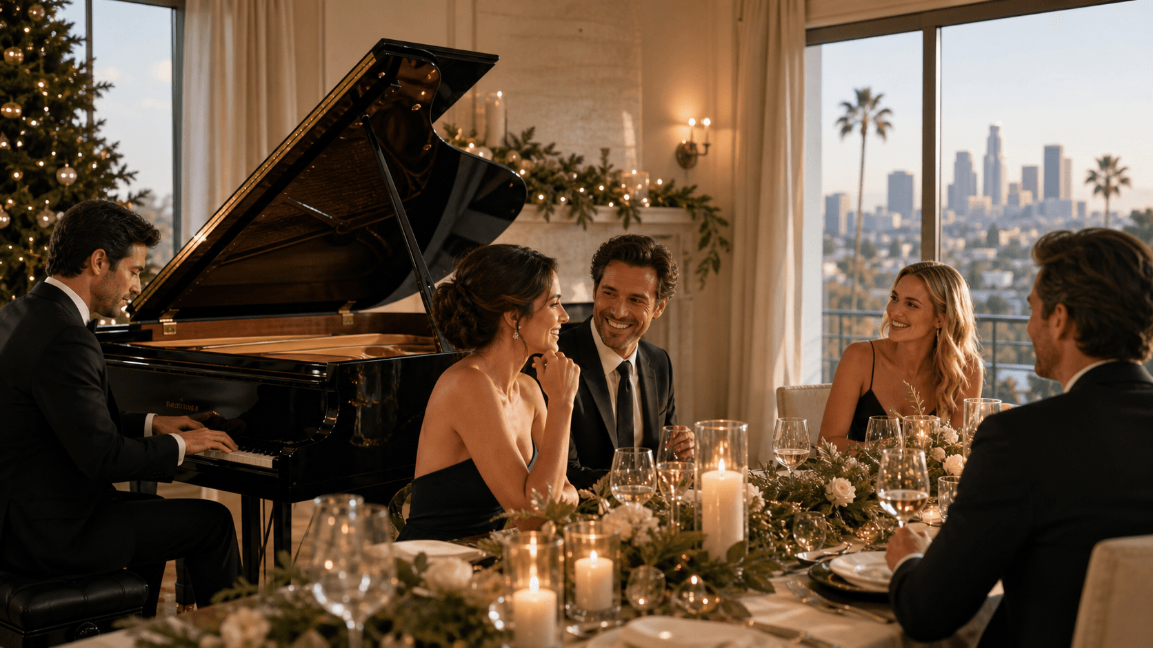 Elegant holiday dinner table beside a grand piano, glowing with candles and warm golden lights.