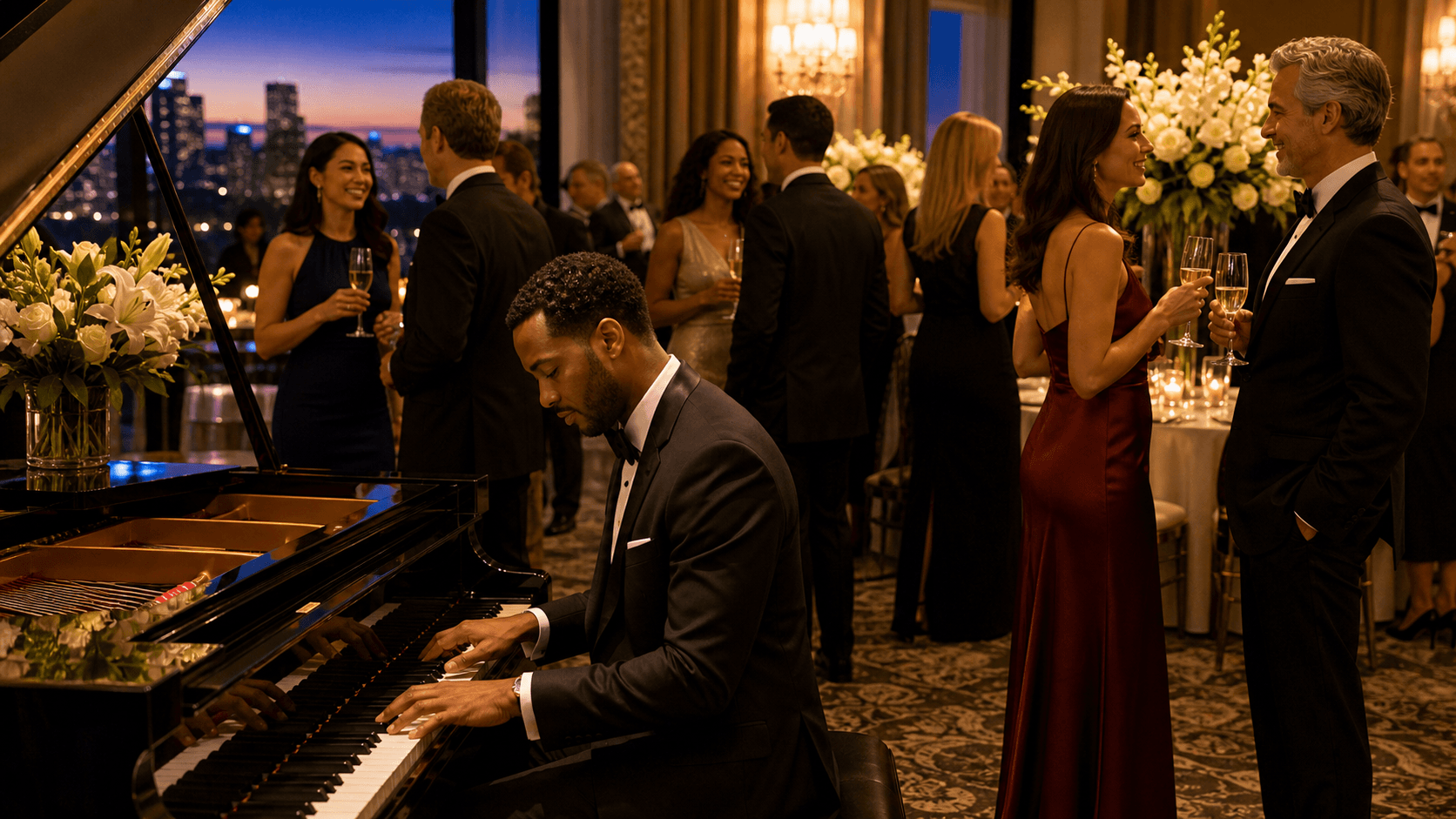 Elegant black grand piano on a warmly lit gala stage with guests seated at candlelit tables.